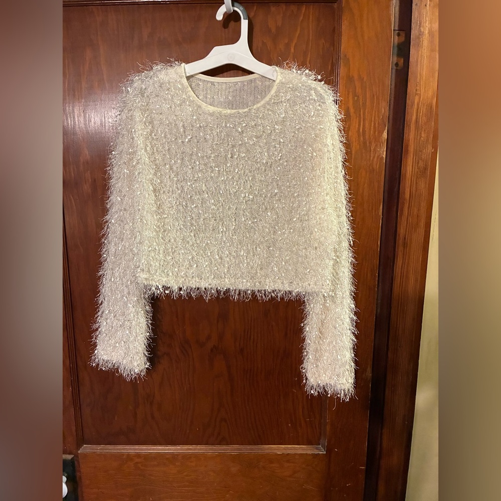 Fuzzy Cream Cropped Long Sleeve Top